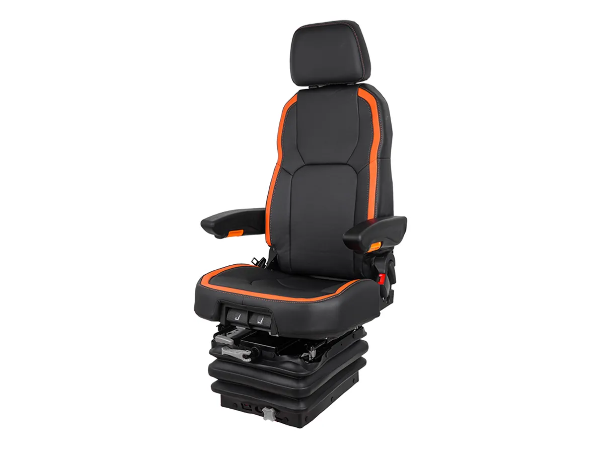 KL02 high-back construction machinery seat in an excavator cab, representative view